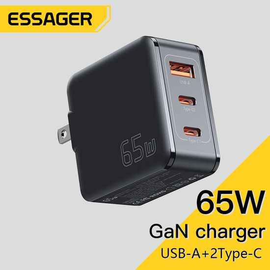 Essager 65W ที่ชาร์จสำหรับเดินทาง GaN แบบคู่-C + USB A สำหรับแท็บเล็ตและแล็ปท็อป PD 65W ชาร์จเร็วสำหรับ Samsung IP