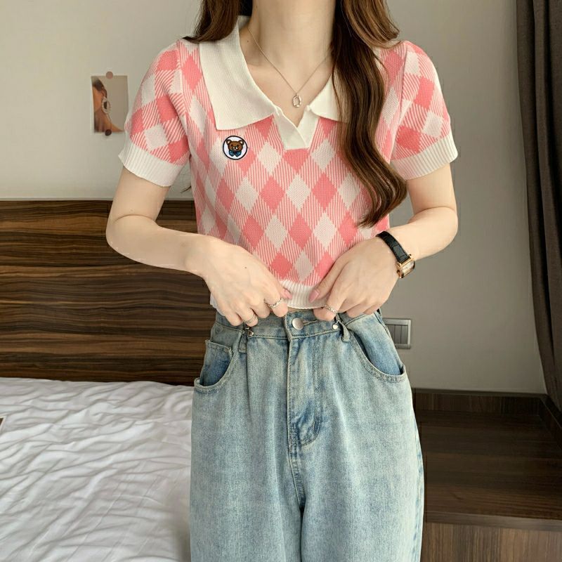 OFF SHOP พร้อมส่ง (OFF-45608)   เสื้อไหมพรมแขนสั้น คอปกสีพาสเทล น่ารักสไตล์เกาหลีตารางใหญ่ -C