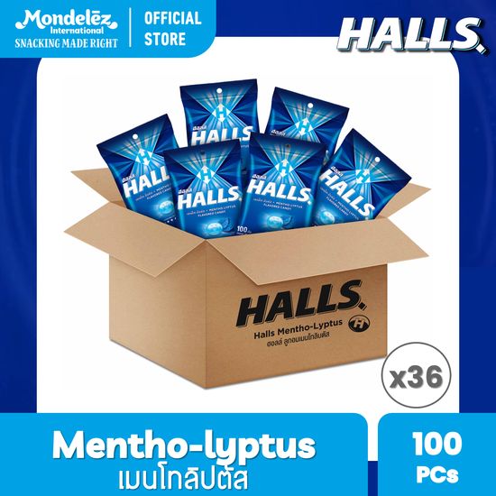 [ยกลัง 36 ถุง] Halls Mentho-Lyptus ฮอลล์ ลูกอมเมนโทลิบตัส แบบถุง 100 เม็ด (280 กรัม)