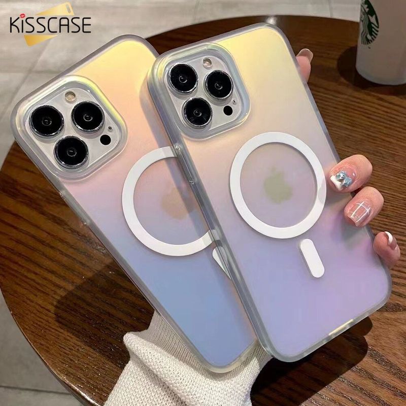 KISSCASE เคสไล่ระดับสีสุดหรูสำหรับ Sarung Dof Magsafe สำหรับ iPhone 15 Pro Max 14 Plus 13 12เคสด้านหลังเป็นซิลิโคนนิ่มโปร่งแสงชาร์จไร้สาย