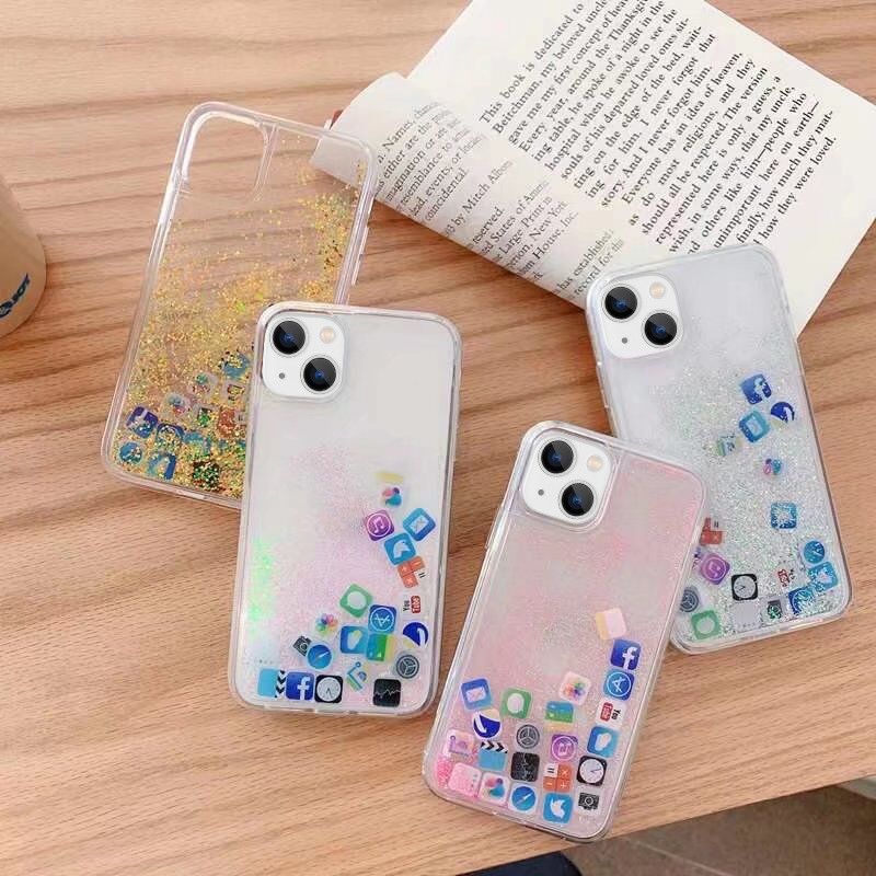 เคสโทรศัพท์มือถือ แบบใส มีทรายไหล แต่งกลิตเตอร์ไอคอน แอพไดนามิก สําหรับ iPhone 14Pro Max 13 12 11 XR