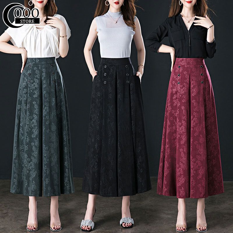 Oooo กางเกง Culottes กางเกงลำลองสำหรับผู้หญิงกางเกงขากว้างเก้าจุดสำหรับคุณแม่