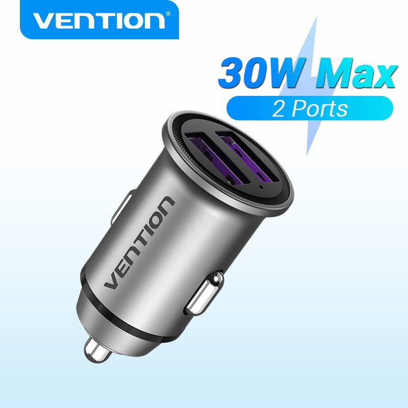 Vention Car Charger adapter Dual USB 30W/18W Quick Charge 3.0 USB  Metal Car charger Fast Charging for iPad Pro iphone 14 Pro Max Samsung S22 HuaWei P30 P40 Vivo RedMi XIAOMI Phone Charging in Car car usb port socket usb port hub for car wireless charger