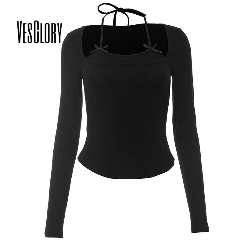 Vesglory เสื้อครอปท็อปแขนยาว คอยู เข้ารูป สีพื้น แฟชั่นสําหรับผู้หญิง 2023