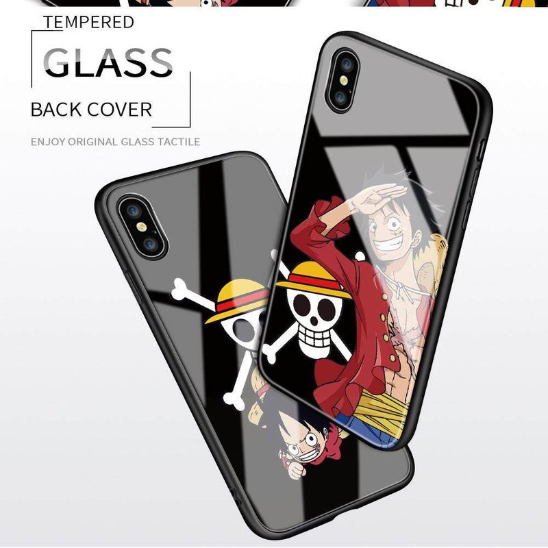 สำหรับ Samsung Galaxy J7 Plus/C8/J7310/C7 2017 เคสโทรศัพท์หรูหรา Soft EDGE อะนิเมะ OnePiece Luffy Glossy ปลอกกระจกเทมเปอร์กันกระแทกฝาหลังกรณี