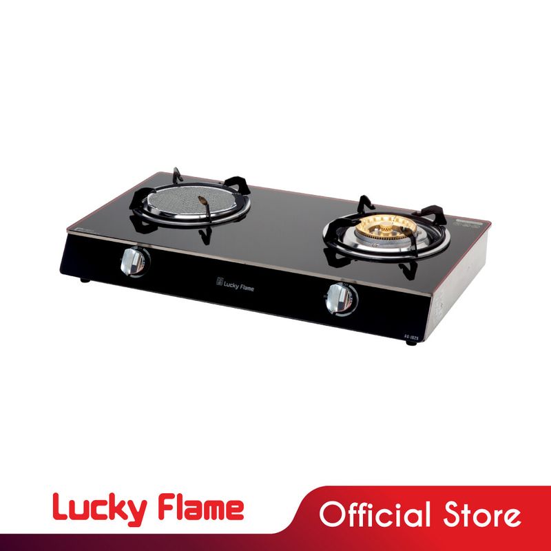 ส่งฟรี Lucky Flame เตากล่องคู่หน้ากระจกนิรภัย  รุ่น AG-2102S เตาแก๊สหัวคู่  เตากระจก เตากล่องหัวคู่ (สีดำ) รับประกันวาล์วแก๊ส 5 ปี