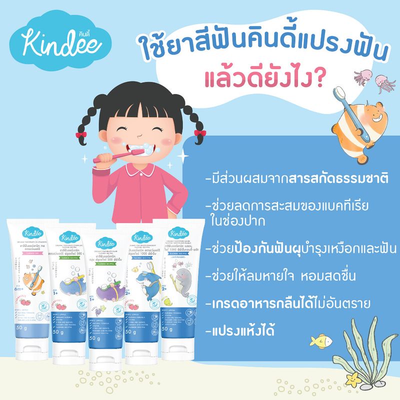 Kindee ยาสีฟันเด็ก ออร์แกนิค คินดี้ ยาสีฟัน กลืนได้ ปลอดภัย ป้องกันฟันผุ ขนาด 50 กรัม (รสองุ่น/สตอเบอร์รี่/เมล่อน/แตงโม)