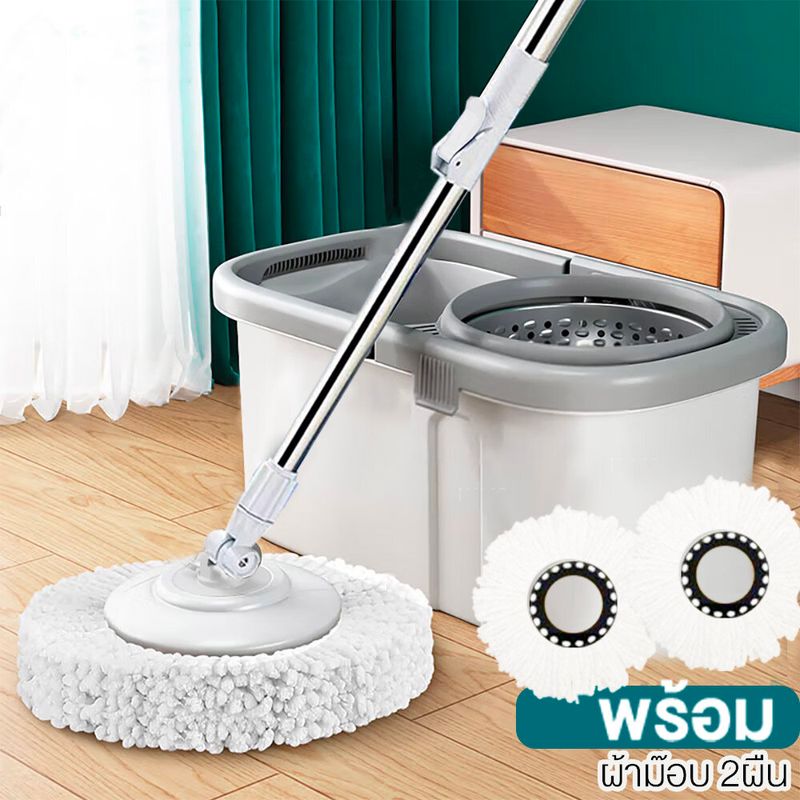 KUMALL ไม้ถูพื้น Spin Mop ชุดถังปั่นม๊อบสแตนเลส 5 ผืน พร้อมไม้ถูพื้นและผ้าม๊อบ เหล็กสแตนเลส ฟรีผ้าตลอดการใช้งาน Clean tools A8