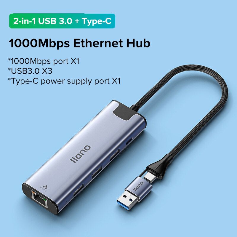 llano อะแดปเตอร์อีเธอร์เน็ต RJ45พร้อมฮับ USB และพอร์ต Gigabit Ethernet 1000 Mbps【อินเทอร์เฟซคู่ Type-C + USB 3.0 2-In-1/พร้อมอินเทอร์เฟซแหล่งจ่ายไฟ Type C 】