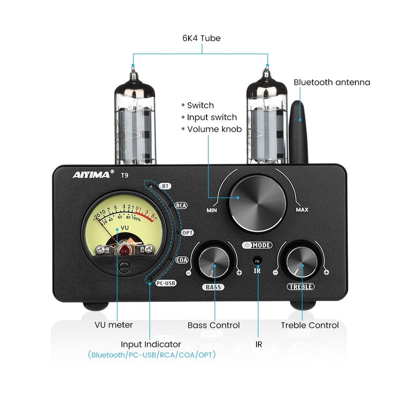 Aiyima T9 เสียงบลูทูธ 5.0 หลอดสูญญากาศเครื ่ องขยายเสียง USB DAC สเตอริโอตัวรับสัญญาณ COAX/OPT HiFi Home Audio 100W