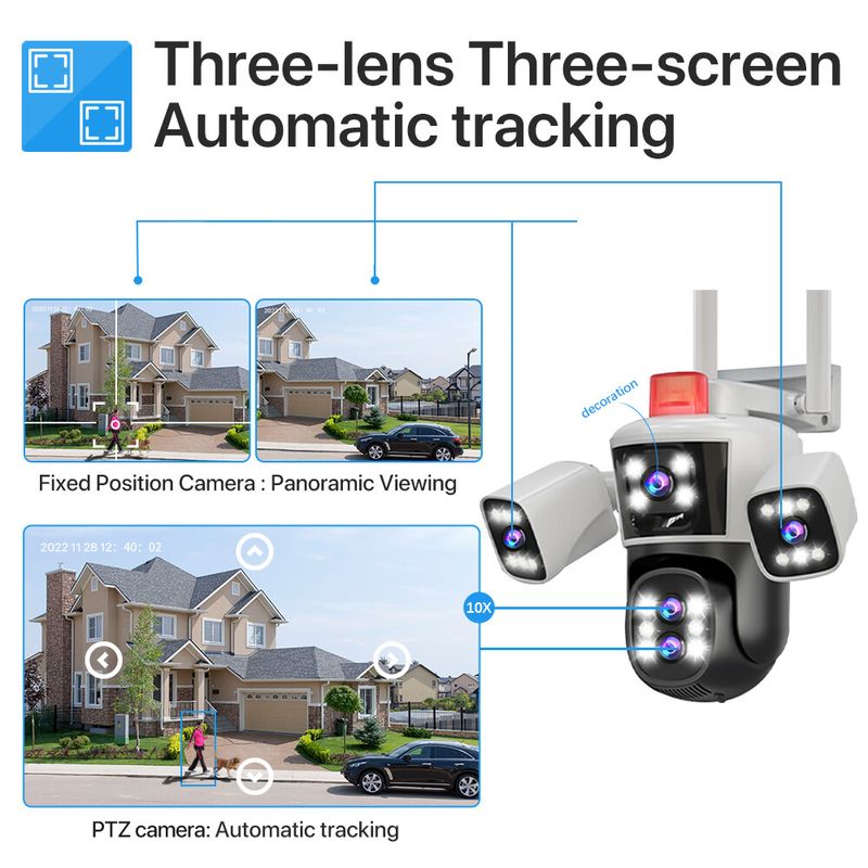 LLSEE 4-lens 3-frame 10X optical zoom wireless CCTV WIFI IP security camera 16MP 8K CCTV outdoor waterproof mobile tracking two-way communication