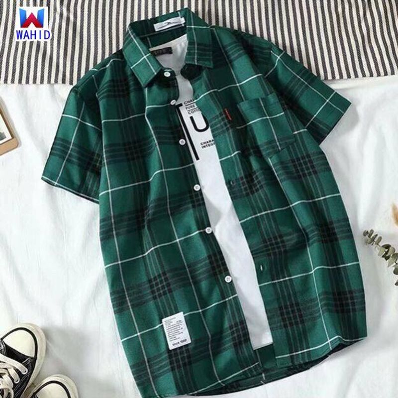 WAHID Mens Striped Shirt Plaid Short-sleeved Shirt 14 Pattern Thin Shirt Student Casual Loose All-match Shirt