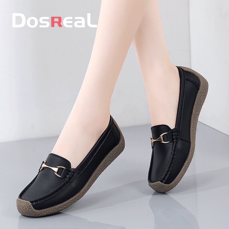 DOSREALรองเท้าส้นแบนสตรีรองเท้าหนังแท้Casualรองเท้าสีขาวสำหรับผู้หญิงขนาดใหญ่35-42รองเท้าส้นเตี้ยทรงสลิปออนสุภาพสตรีแบนรองเท้าผู้หญิง