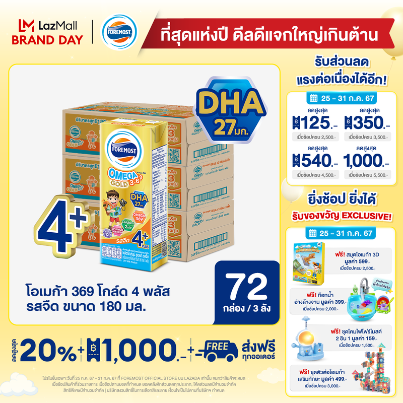 [สินค้าขายดี][ขายยกลังx3] โฟร์โมสต์ โอเมก้า 369 โกลด์ 4 พลัส รสจืด 180มล (24กล่อง/ลัง) Foremost Omega 369 Gold 4 Plus Plain 180ml (นมกล่องUHT)