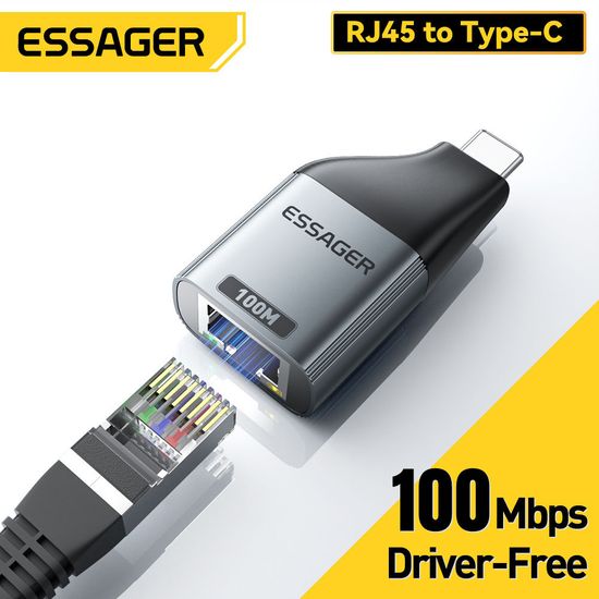 Essager 1000 Mbps Type C ไปยังเครือข่ายอะแดปเตอร์อีเธอร์เน็ต Type-C 100 Mbps อะแดปเตอร์เข้ากันได้กับ Windows MacOS Linux Android iPad OS เหมาะสำหรับคอมพิวเตอร์เดสก์ท็อปแล็ปท็อปกล่องทีวี Nas โทรศัพท์โปรเจ็คเตอร์ iPhone 15 Huawei Mate60อะแดปเตอร์กิกะบิต