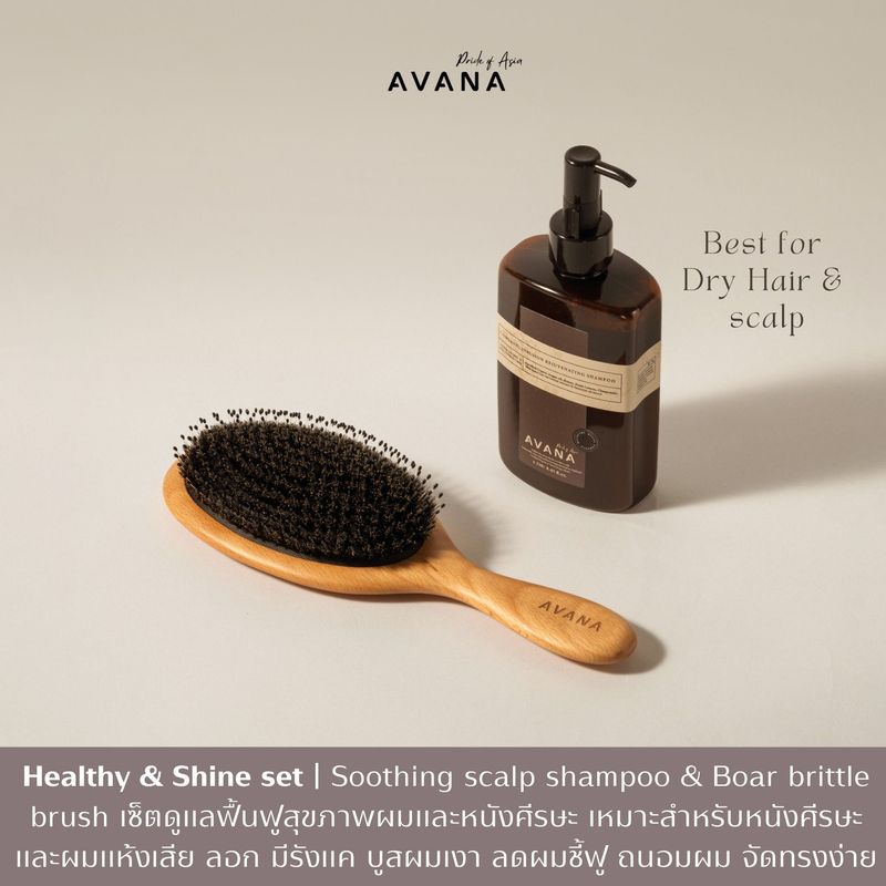 Healthy & Shine Set AVANA Shampoo and AVANA Premium Boar Bristle Brush SET สุดคุ้ม แชมพูผ่อนคลาย ปรับสมดุลหนังศีรษะ ลดผมร่วง ลดรังแค คู่กับ หวีขนหมูป่าพรีเมียม