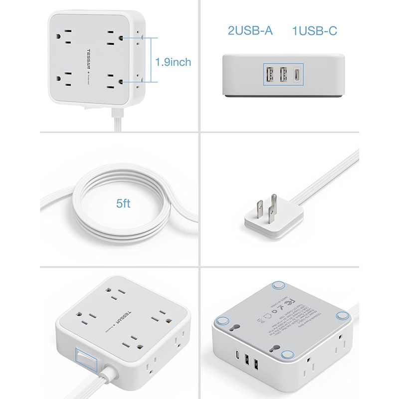 TESSAN ซ็อกเก็ตปลั๊กไฟ หัวแบน บางพิเศษ USB Type C ปลอดภัย ทนทาน คุณภาพสูง