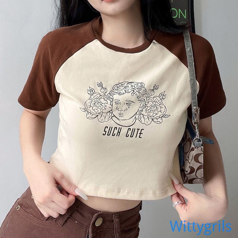 Wittygirls_shop | เสื้อยืดลําลอง แขนสั้น พิมพ์ลาย Abstract ทรงหลวม แฟชั่นสําหรับสตรี