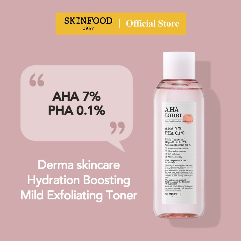 [SKINFOOD Official] โทนเนอร์พิงค์เกรปฟรุต 200ml โทนเนอร์ช่วยผลัดเซลล์ผิว ส่วนผสม AHA 7% & PHA 0.1% pH 4.0 บูสต์ผิวโกลว์ ผลัดเซลล์ผิวอย่างอ่อนโยน Pink Grapefruit AHA Toner