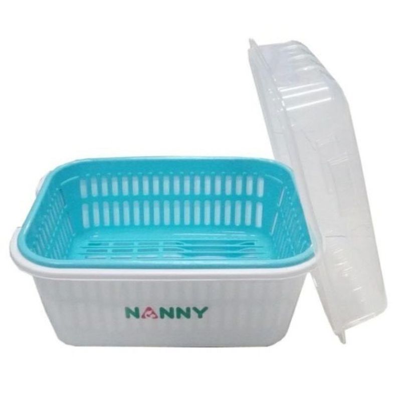 Nanny ที่คว่ำขวดนมแบบมีฝาปิด มีตะแกรงรองน้ำ ไซส์ใหญ่ ขนาด 30x23x24ซม รวมฝา สีขาว-ฟ้า