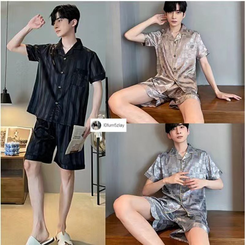 👕🩳(ราคาต่ำสุด)ชุดนอนผู้ชาย，l0fum5zlayผ้าซาตินคุณภาพสูง，jacquard ซาติน，สไตล์เรียบง่าย，เซต2ชิ้น，ขาสั้น+เสื้อ，L-3XL