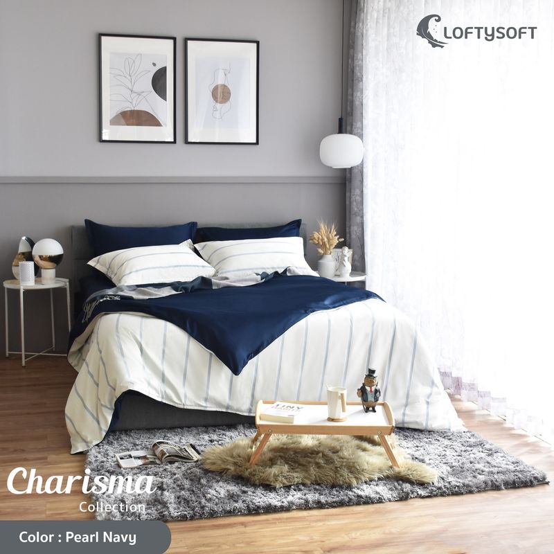 LOFTYSOFT ผ้านวม ปลอกผ้านวม 6ฟุต, 5ฟุต, 3.5ฟุต CottonSilk 550เส้นด้าย Charisma Collection Pearl Navy