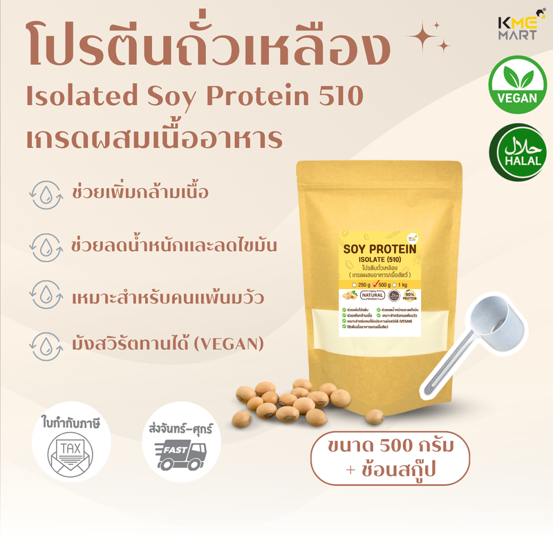 โปรตีนถั่วเหลือง Soy Protein Isolate เกรดผสมอาหาร/เนื้อ (510A) Non GMO เพิ่มกล้ามเนื้อ ลดน้ำหนัก - 500 กรัม