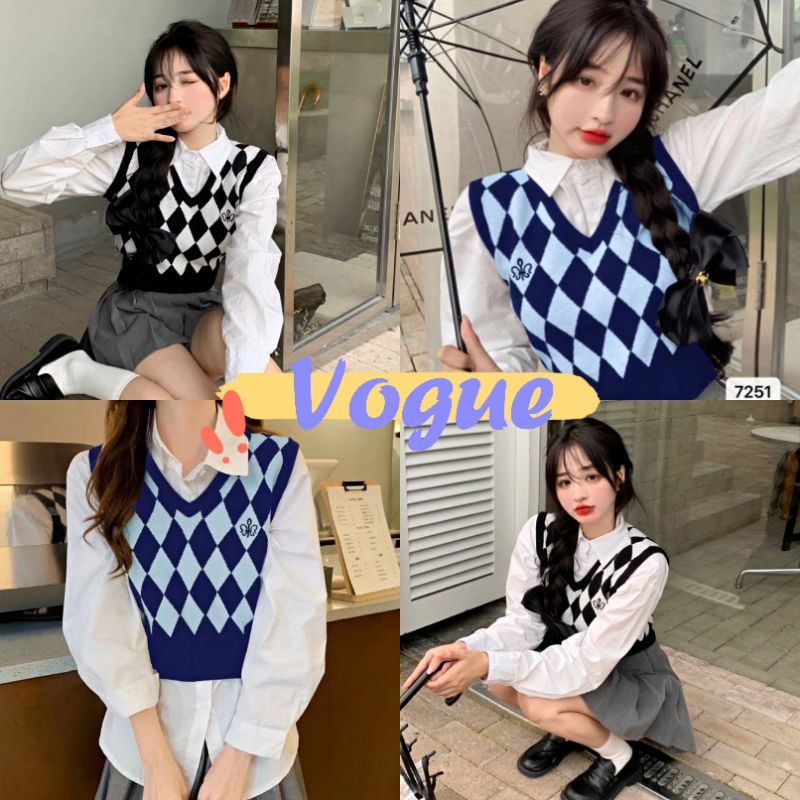 Vogue​🌟​พร้อ​มส่ง​🌟​เสื้อกั๊กไหมพรม ลายตารางหมากรุก น่ารักมี2สี (7251)