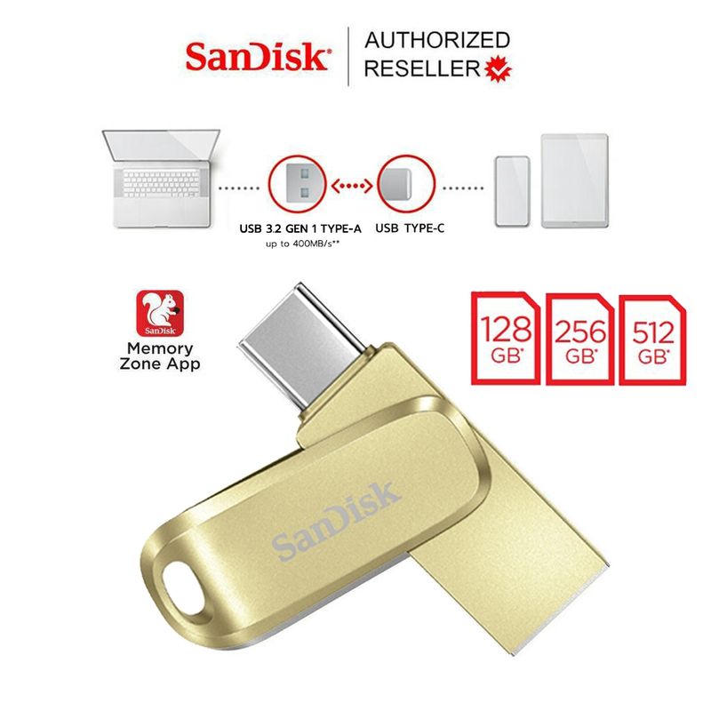 SanDisk Ultra® Dual Drive Luxe USB Type-C 128GB 256GB และ 512GB (SDDDC4_GOLD)แฟลชไดรฟ์ ไดร์ฟOTG สำหรับโทรศัพท์ แทปเลท Tablet iPad Pro