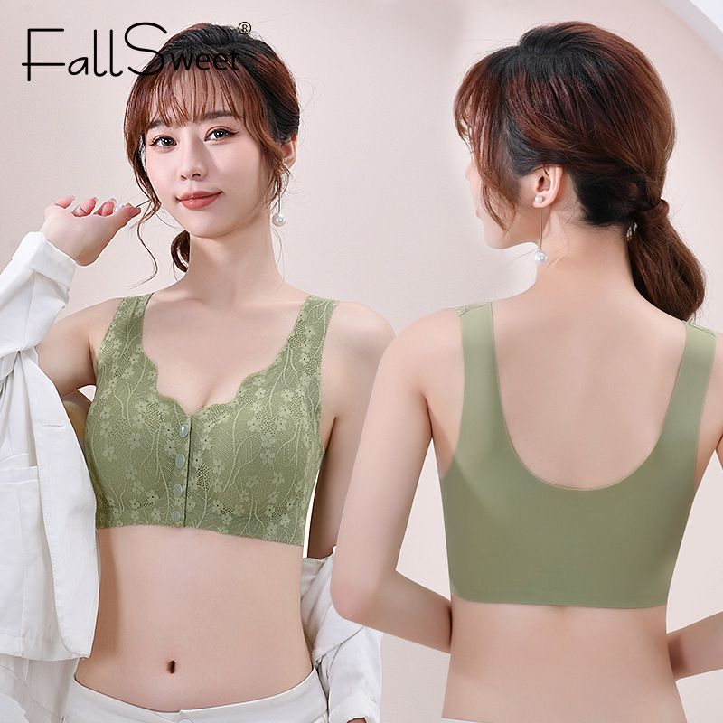 FallSweet Lace Front Buckle Women Bra บราไร้สายลูกไม้ลายดอกไม้สำหรับผู้หญิง Large Size M-4XL Gathered No Steel Ring Bra for Women Anti Droop Bra Push Up Seamless Bra