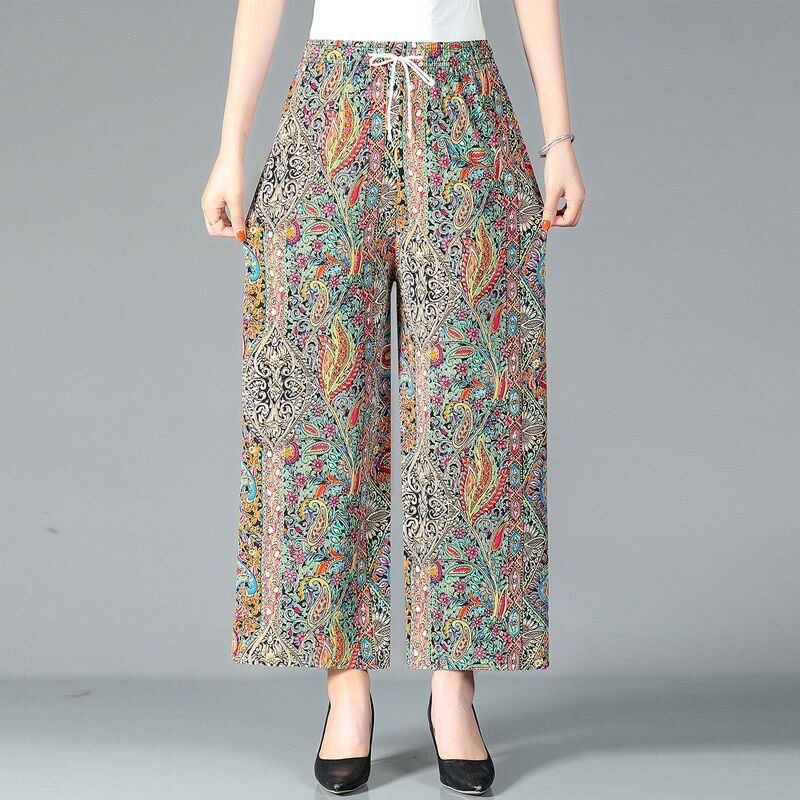 【มีไซส์ใหญ่】Plus Size Womens Summer Thin Print Wide-Leg Loose Pants High Waist Floral Trousers