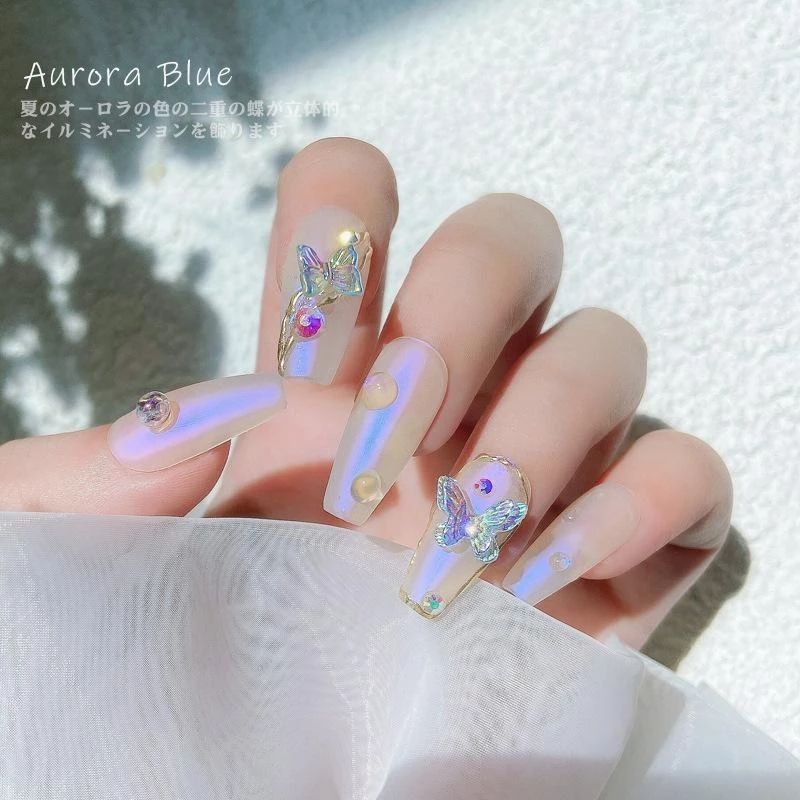 10ชิ้น Aurora Glitter 3D ผีเสื้อที่มีสีสันเล็บเครื่องประดับ DIY เรซิ่นเล็บสติ๊กเกอร์ตกแต่งเล็บ