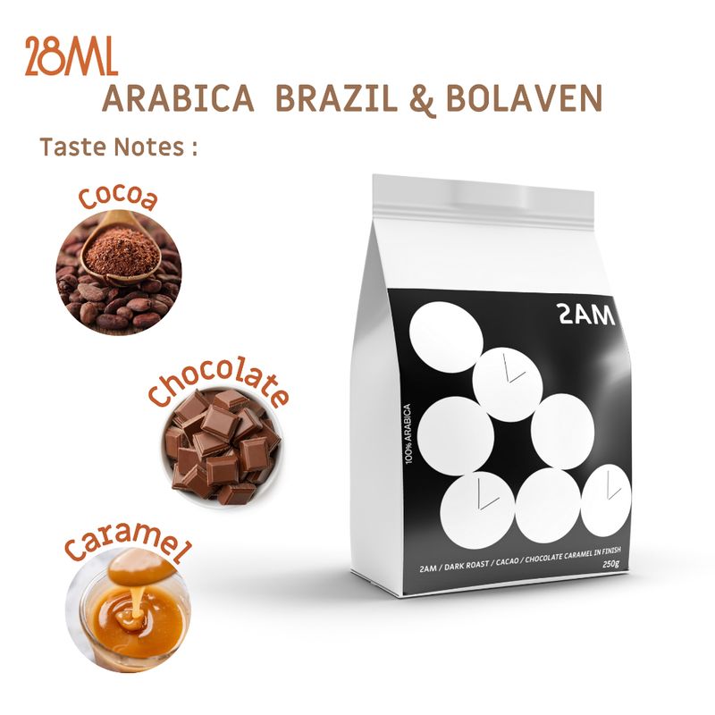 28ml 2am.เมล็ดกาแฟเบลนด์ Brazil/Bolaven  คั่วเข้ม Arabica 100% เกรด Premium