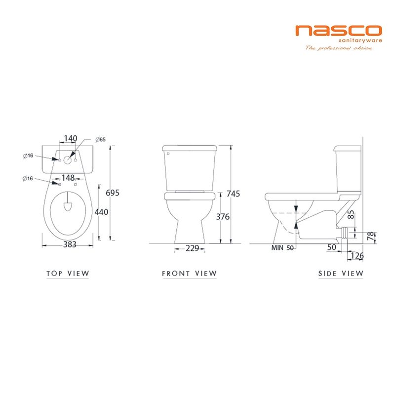 NASCO สุขภัณฑ์ แบบสองชิ้น ท่อออกกำแพง NC-7530P : รุ่น โมดาน่า พี สุขภัณฑ์ท่อออกผนัง ชักโครกท่อออกกำแพง