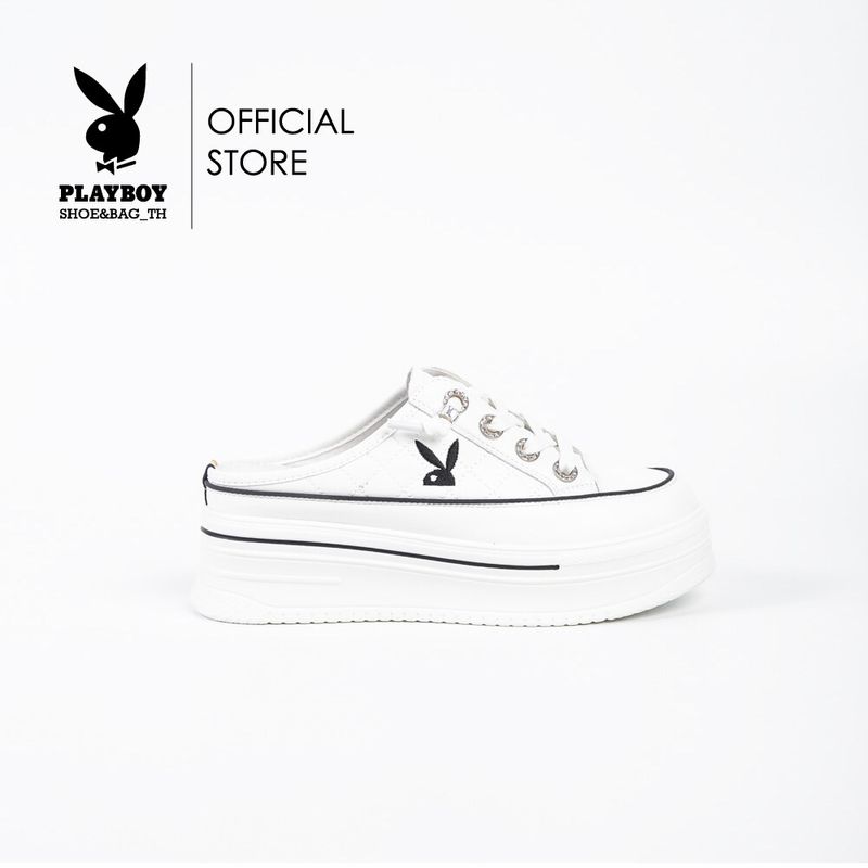 Playboy รองเท้าผ้าใบแบบเปิดส้น ลิขสิทธิ์แท้ รุ่น ST-H241C1152 ดีไซน์เปิดส้นเย็บนวมปักกระต่าย มี 2 สี สีดำและสีขาว