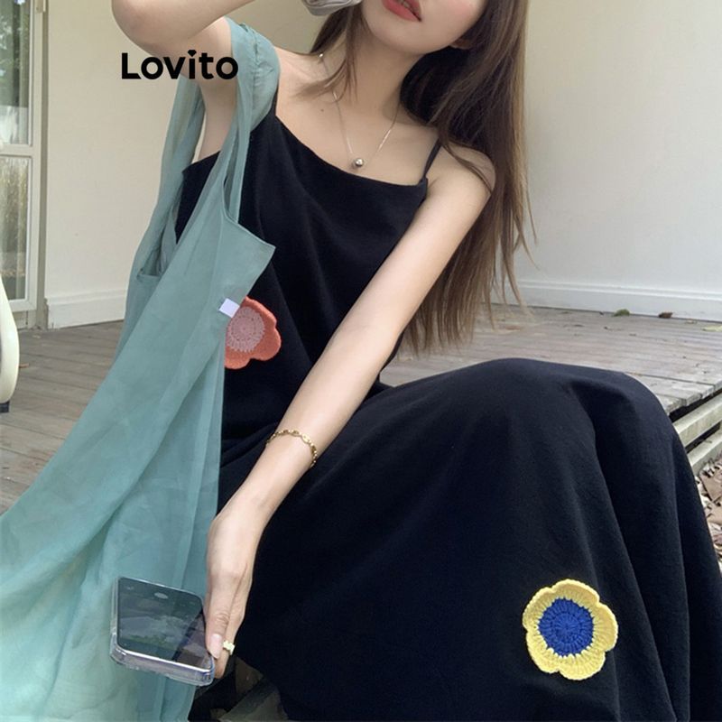 Lovito เดรสผู้หญิง สไตล์ลำลอง ปักลาย LNA25025 (สีดำ)