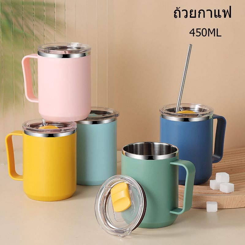 ถ้วยกาแฟ วัสดุสแตนเลสปลอดภัยและทนทาน สะดวกในการถอดพร้อมฝาปิดพร้อมที่จับ ถ้วยน้ำสำนักงาน ความจุ 450ML ถ้วยสวย