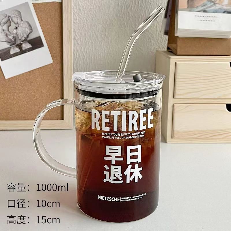 1000ml Large-capacity Reminder to Drink Water Scale Glass Cup with Lid Straw High-value Cup Office Cup in Summer