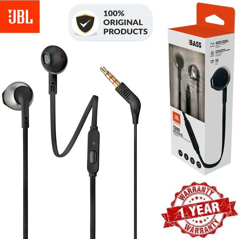 ต้นฉบับ JBL T205 3.5 มิลลิเมตรสายหูฟังเกม Harman เพลงชุดหูฟังกีฬาหูฟังแฮนด์ฟรีพร้อมไมโครโฟนสำหรับ iOS iPhone และ Android หัวเว่ย/Xiaomi/OPPO/VIVO/Samsung