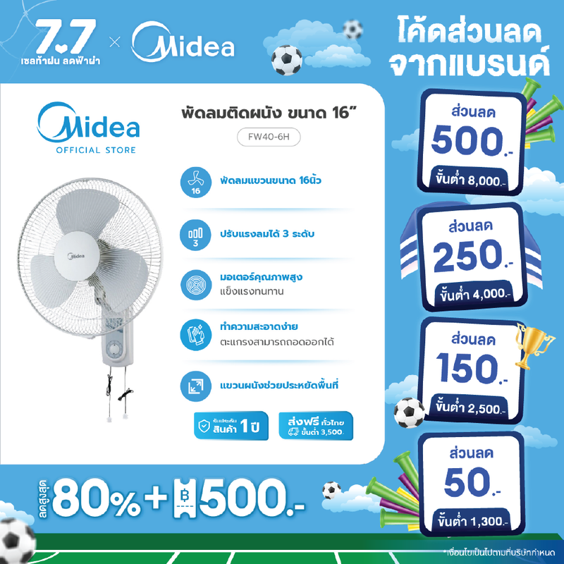 (ส่งฟรีทั่วไทย) Midea พัดลมติดผนังไมเดีย (Wall Fan) รุ่น FW40-6H (เชือก) *รับประกันสินค้า 1 ปี