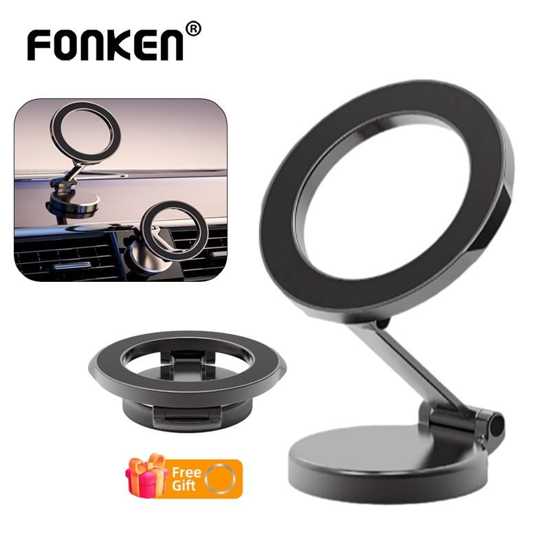 Fonken ที่วางโทรศัพท์ในรถยนต์ แบบพับได้ โลหะผสมสังกะสี สําหรับ MgSafe 360° เมาท์แม่เหล็กติดรถยนต์ ปรับได้ สําหรับ iPh 14 13 12 Pro