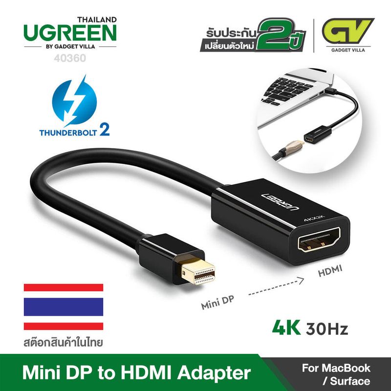 UGREEN Mini Display Port to HDMI Adapter (Thunderbolt 2.0) 4K Mini DP to HDMI Adapter Cable suitable รุ่น 40360 for MacBook Pro MacBook Air iMac Surface Book Pro 3/4/5 Thinkpad Google Pixel Chromebook - Black