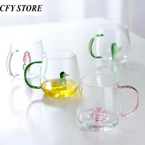 360ml Single-deck Glass Cute Animal Coffee Mugs with Colours Handle Bubble Glass Cup Coffee Juice Water Glasses Mug Drinkware