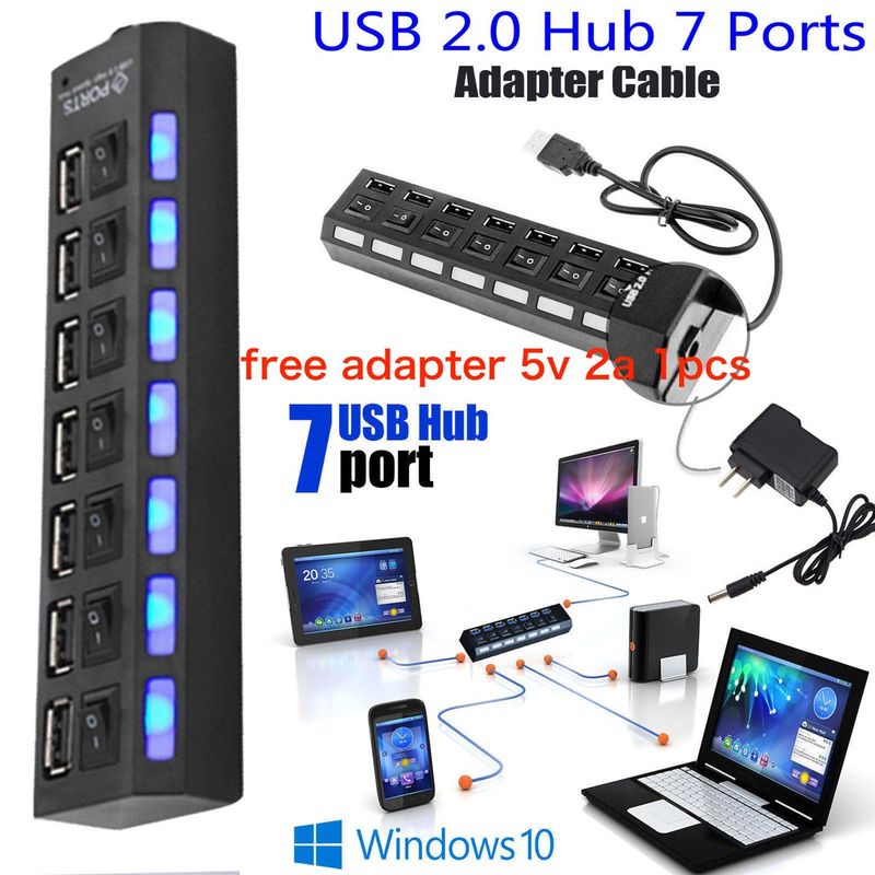 ช่องต่อ USB 2.0 แบบ 7 ช่อง 7 Port High Speed USB 2.0 Hub (สีดำ) แถม adapter 5v 1 ตัว