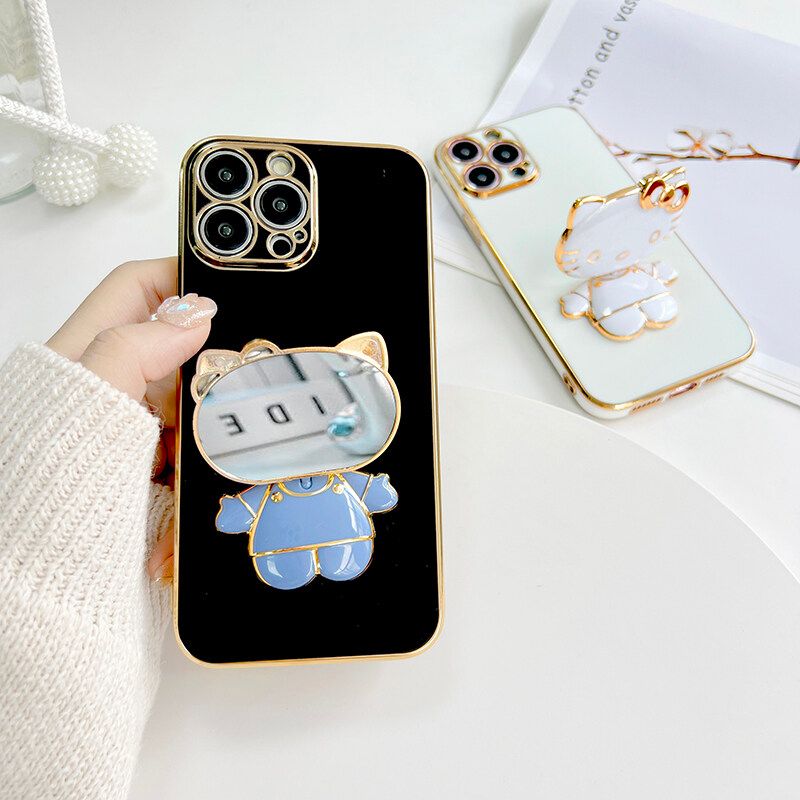 เคสโทรศัพท์ Hontinga สำหรับ Iphone 16 Pro Max Plus 5G 6 6S 7 8 Plus SE 2020 SE 2022 SE3 SE 3เคสพร้อมขาตั้งรูป Hello Kitty สีทึบแฟชั่นเคสโทรศัพท์ TPU แบบสี่เหลี่ยมชุบโครเมียมสุดหรูคลุมทั้งหมดเคสยางสำหรับเด็กผู้หญิง,เคสกันกระแทกกล้องป้องกันกอร์