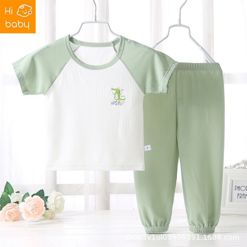 Childrens Short-Sleeved T-shirt Suit Summer Mosquito Repelling Pants Boys and Girls Summer Clothes Baby Ice Silk Short Sleeve Pajamas Homewear