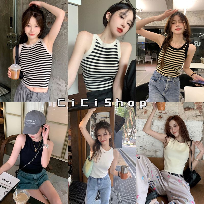 Cicishop(25053)เสื้อกล้ามไหมพรมลายทาง/สีพื้นคอกลม ทรงเบสิคน่ารักแมทซ์ง่าย