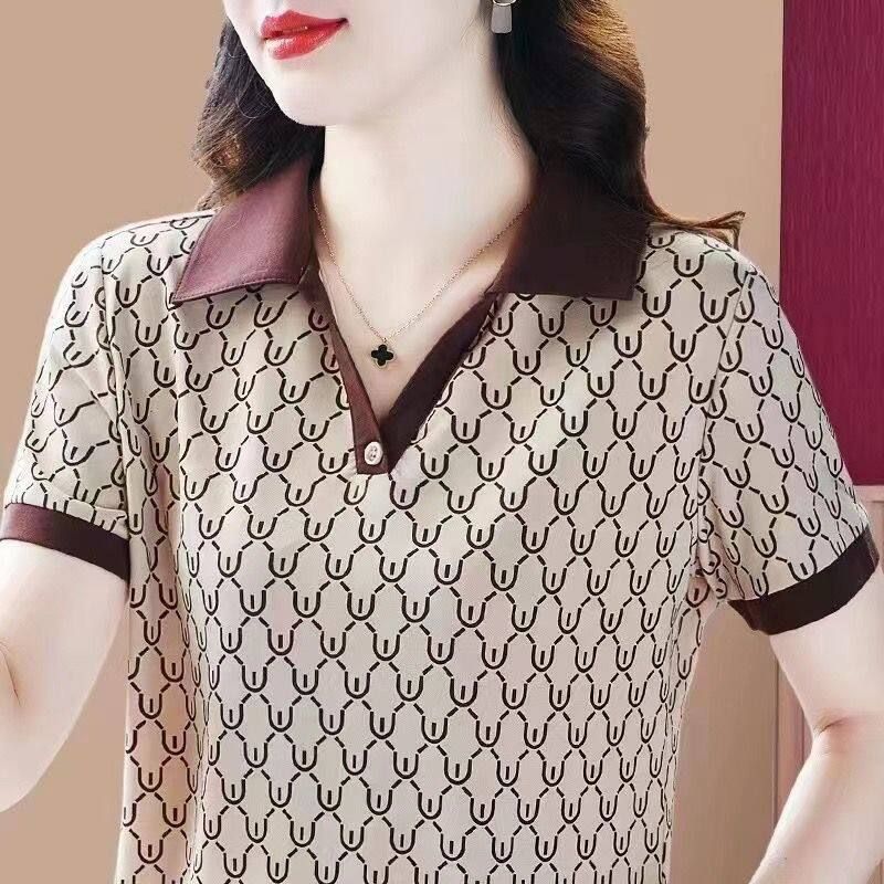 Womens Printed Short Sleeved Polo Shirt Summer Age Reducing Fashion Westernized Lapel Casual Sports POLO Shirt