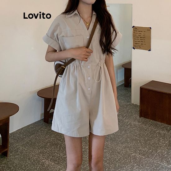 Lovito จั้มสูท กระเป๋าหน้า กระดุมติด ผูกเชือก สีพื้น สไตล์ลำลอง สำหรับผู้หญิง LNE05183 (สีแอปริคอท)