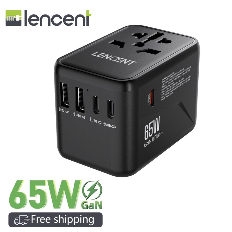 Lencent Gan III 65W Universal Travel Adapter, เครื่องชาร์จนานาชาติที่มีพอร์ต USB 2 พอร์ตและ 3 USB-C PD อะแดปเตอร์ชาร์จอย่างรวดเร็ว, เครื่องชาร์จผนังทั่วโลกพร้อมเครื่องชาร์จ Fast Type-C สำหรับ iPhone, Samsung, แล็ปท็อป, Type A/C/G/I